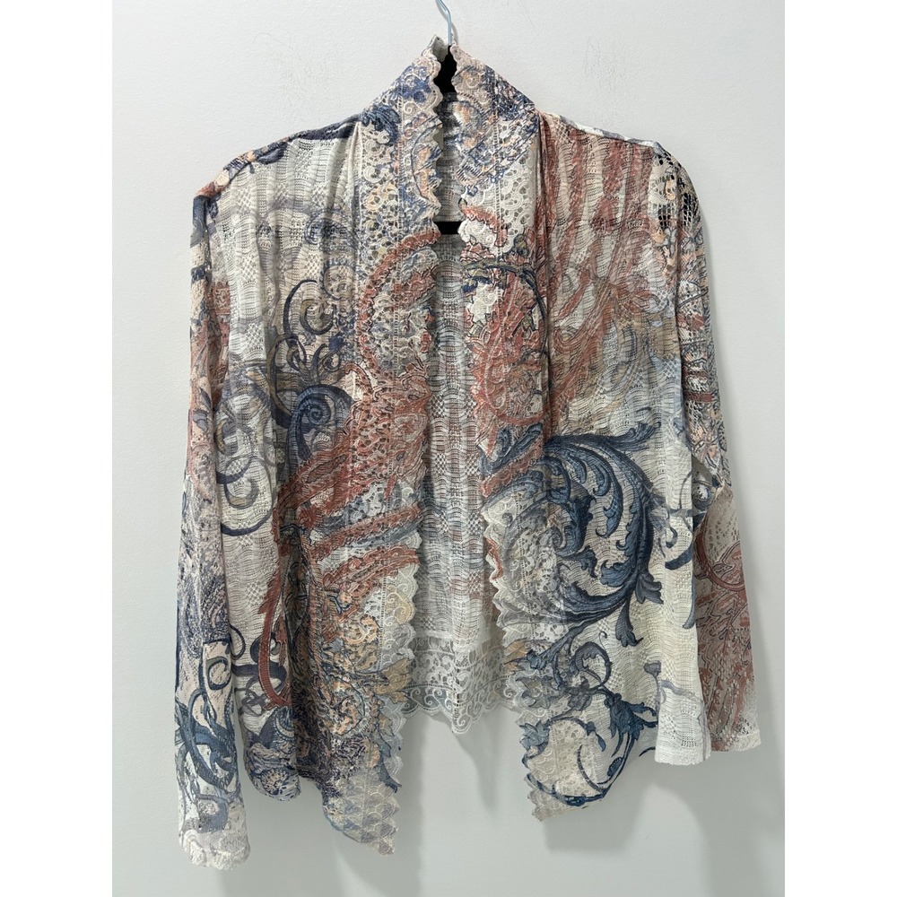 Chicos Lace Open Front Cardigan Size 1 Paisley Scalloped Sheer Blue Terracotta